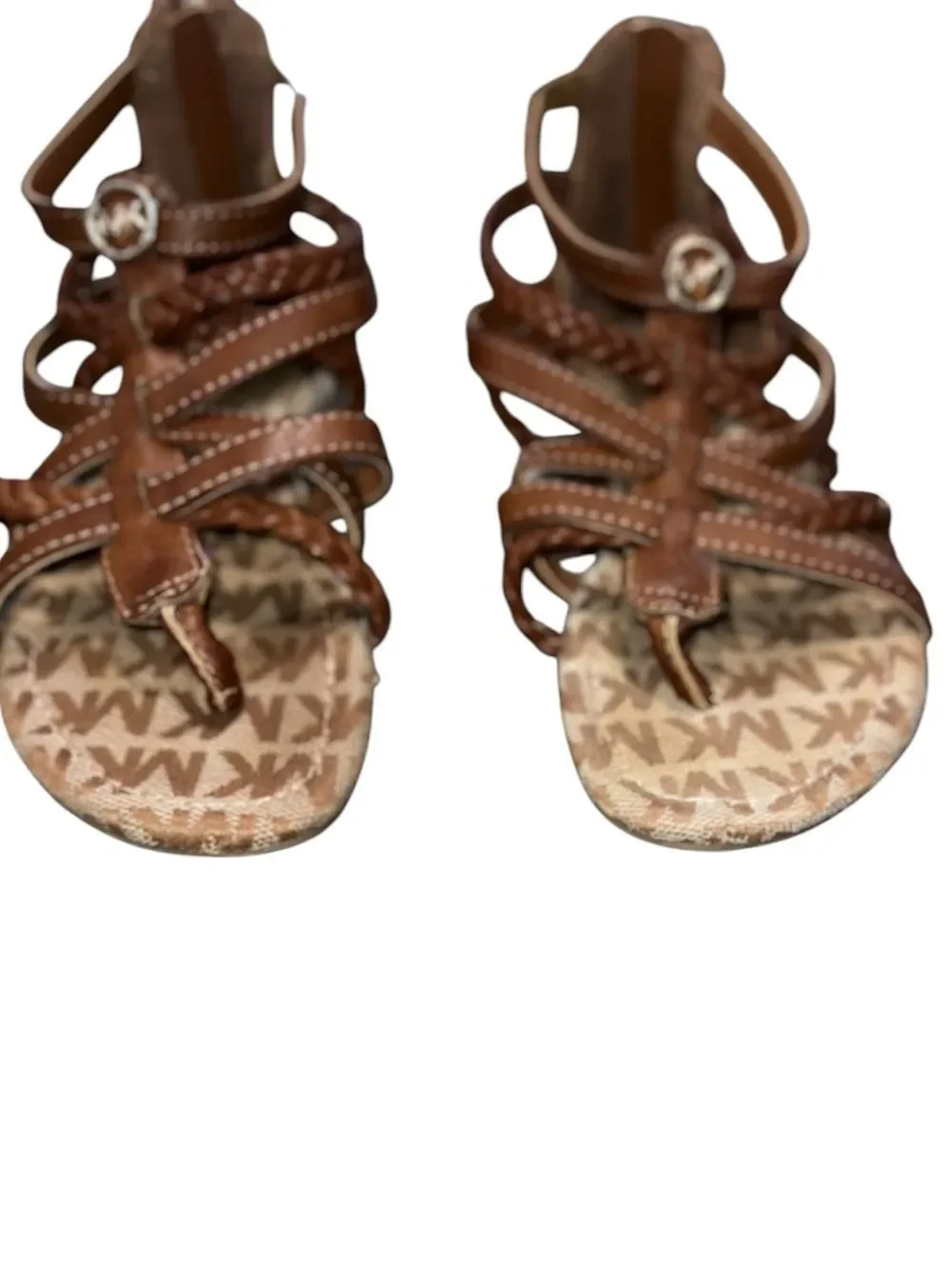 Michael Kors Girls Tatia Cognac Braided Gladiator Sandals Zip Back MK Logo S 13